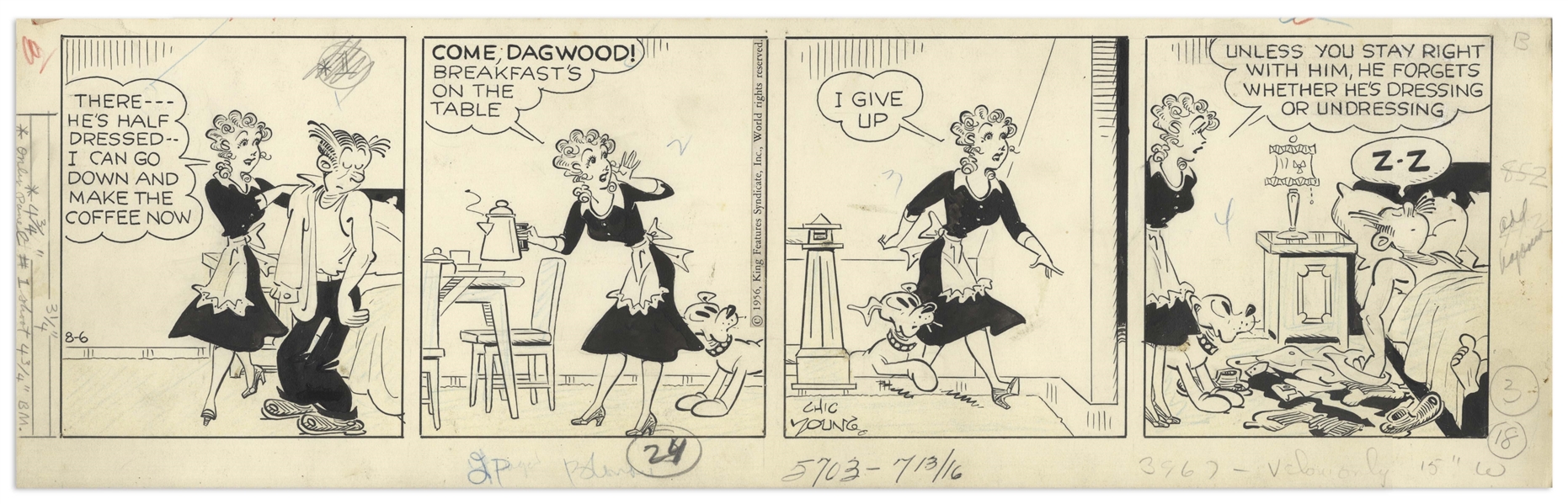 Chic Young Hand-Drawn ''Blondie'' Comic Strip From 1956 Titled ''Back in Bed'' -- Dagwood Can't Get Out of Bed in the Morning